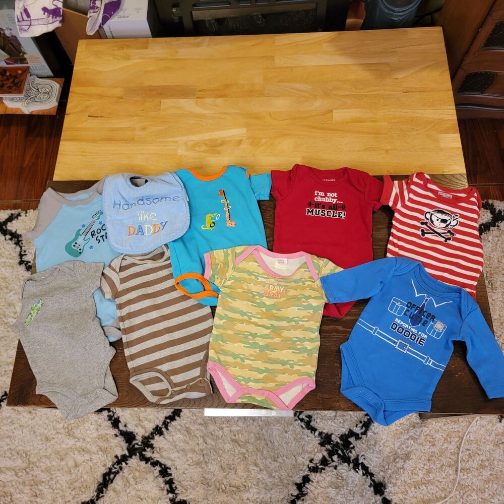 Lot of 8 Infant Body Suits Non Characters & Bib - Various Sizes